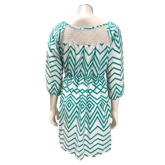 My Michelle Size XL White Teal Chevron Tie Neck Lined Laceback Boho Resort Dress - Picture 4 of 12